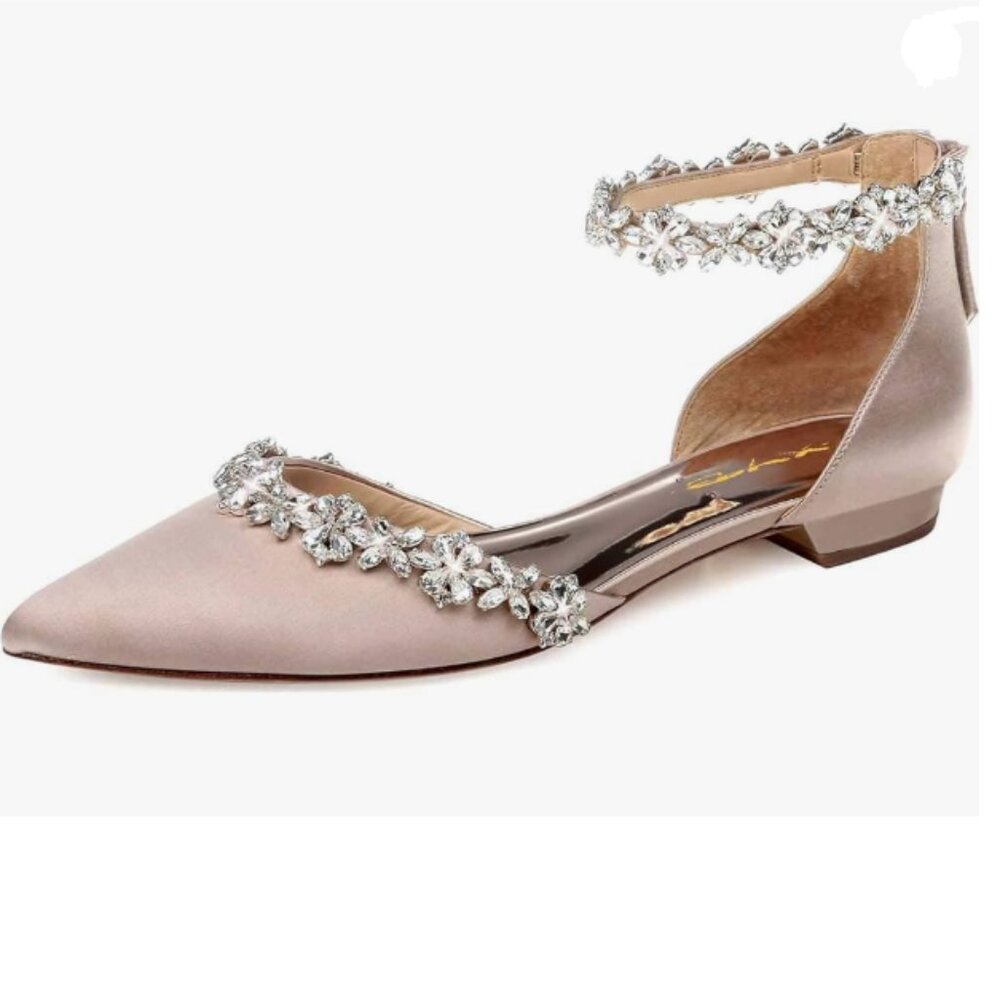 XYD Nude Pointed Toe D'Orsay Wedding Sandal Sparkly Rhinestones Ankle Strap Shoe